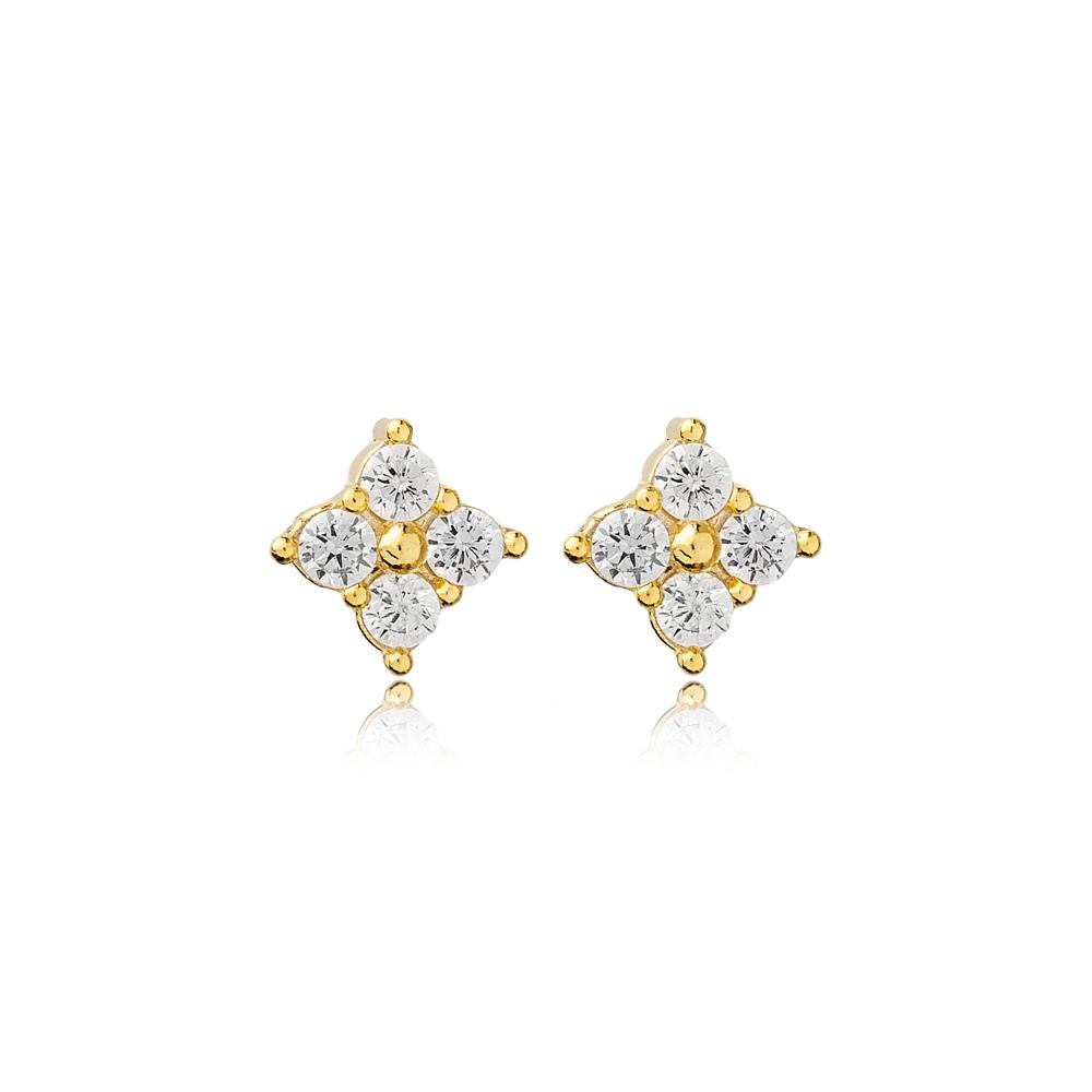Geometric Design Zircon Stud Earrings 14k Gold Jewelry