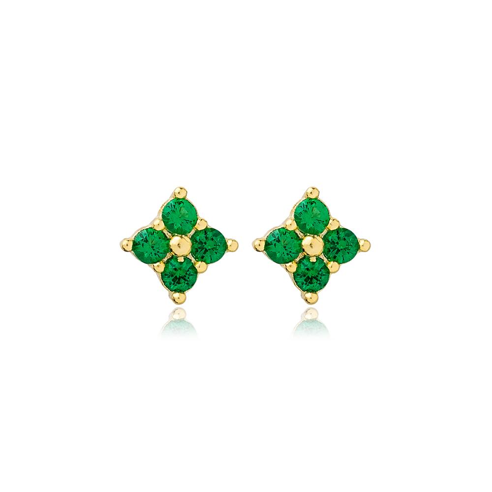 Geometric Design Emerald Stud Earrings 14k Gold Jewelry