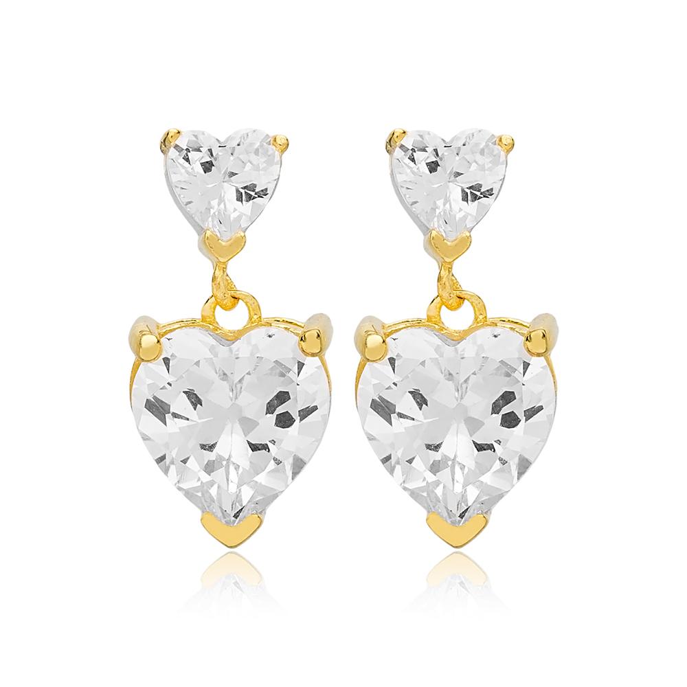 Double Heart Design Zircon Stone Stud Earrings 14K Gold Jewelry