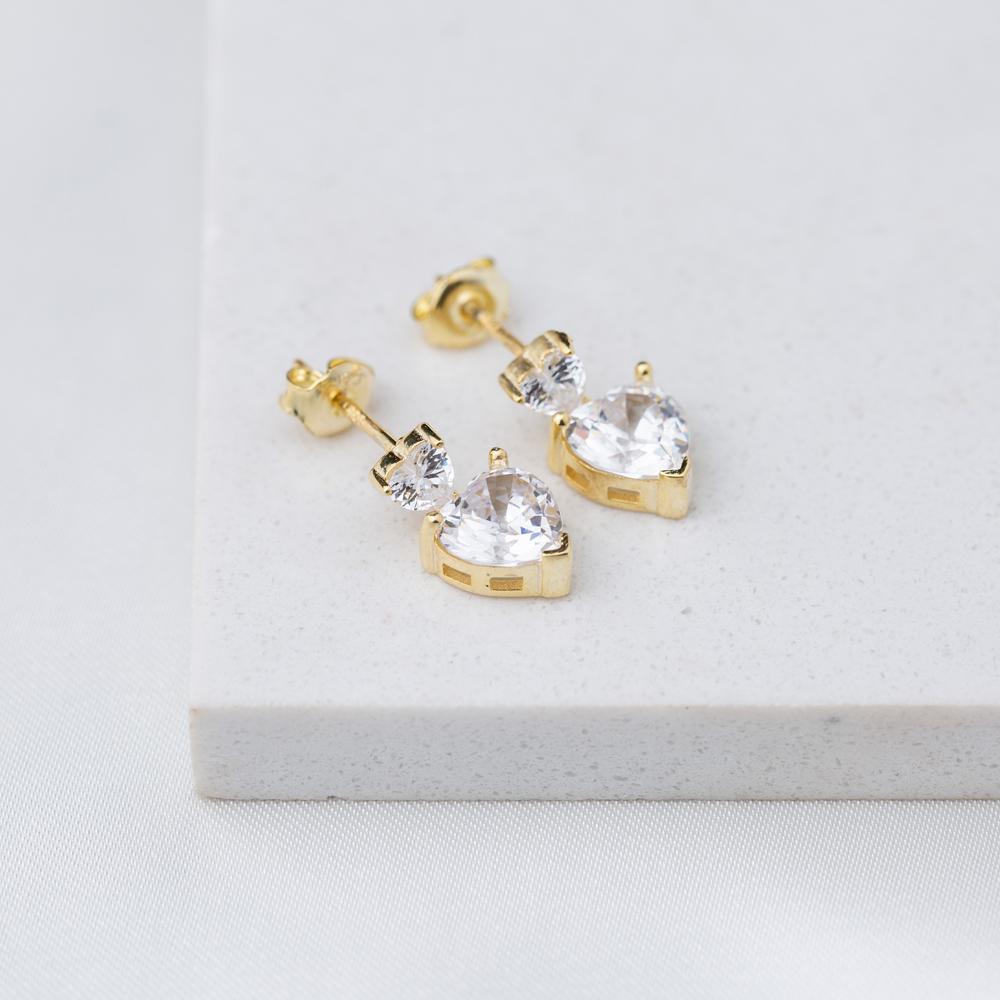 Double Heart Design Zircon Stone Stud Earrings 14K Gold Jewelry