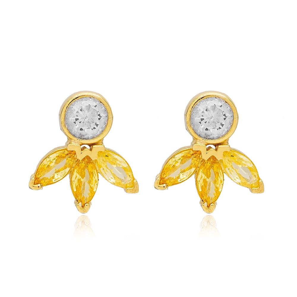 Marquise Cut Citrine with Zircon Stone Stud Earrings 14k Gold Jewelry