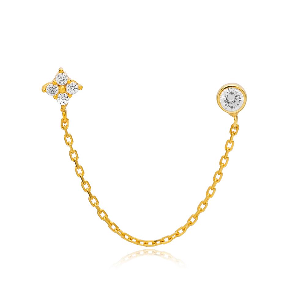 Single Flower Design Zircon Stone Tiny Double Stud Earrings 14k Gold Jewelry