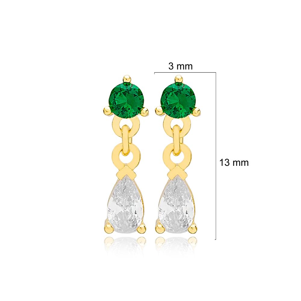 Pear Cut Shiny Zircon Stone Emerald Stone Stud Earrings 14k Gold Jewelry