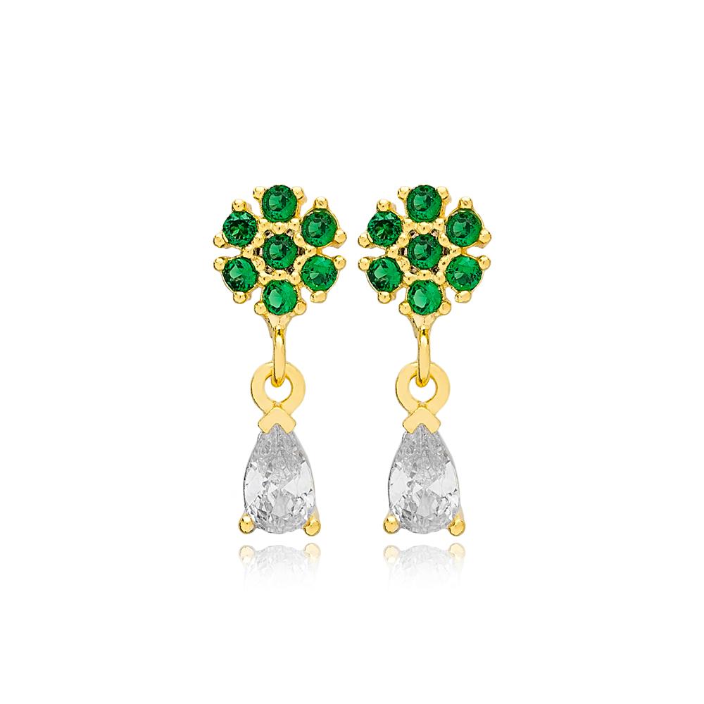 Flower Design Pear Cut Zircon Stone with Emerald Stone Stud Earrings 14k Gold Jewelry
