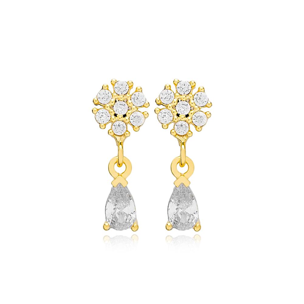 Flower Design Pear Cut Zircon Stone Stud Earrings 14k Gold Jewelry