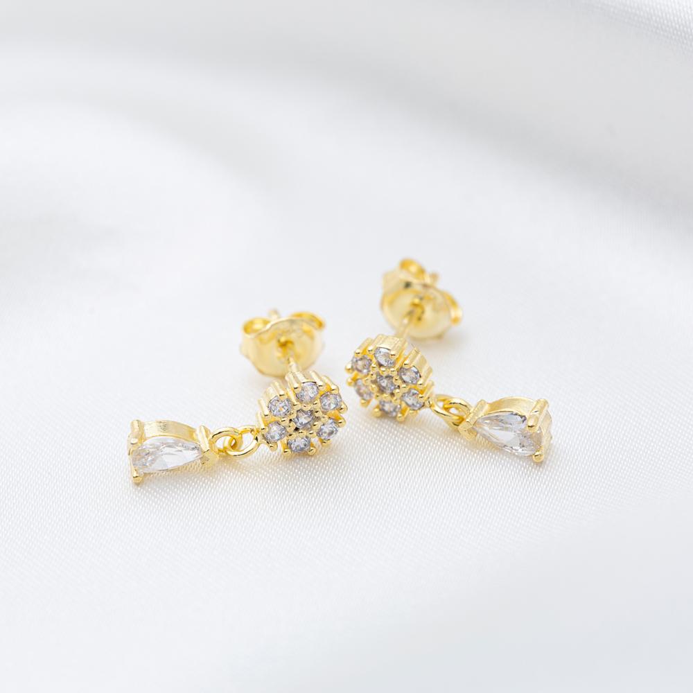 Flower Design Pear Cut Zircon Stone Stud Earrings 14k Gold Jewelry