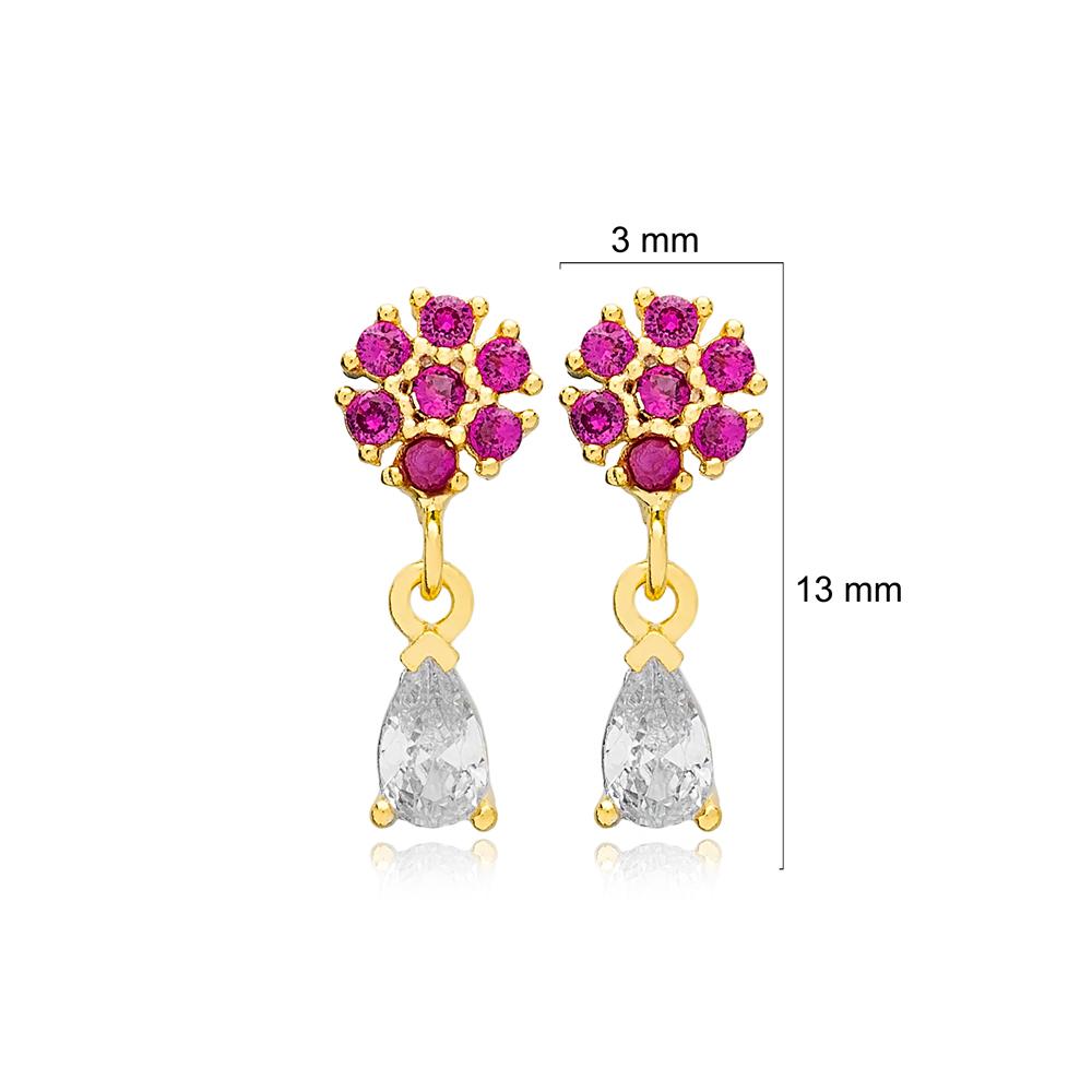 Flower Design Pear Cut Zircon Stone with Ruby Stone Stud Earrings 14k Gold Jewelry