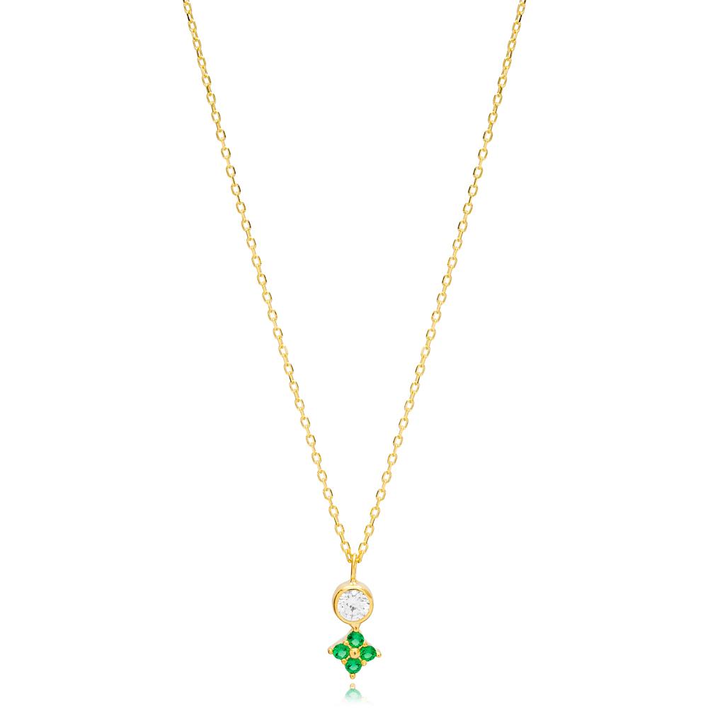 Geometric Design Emerald Stone Zircon Stone Charm Necklace Turkish Handcrafted 14K Gold Jewelry