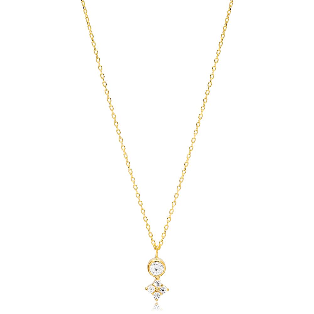 Geometric Design Zircon Stone Charm Necklace Turkish Handcrafted 14K Gold Jewelry
