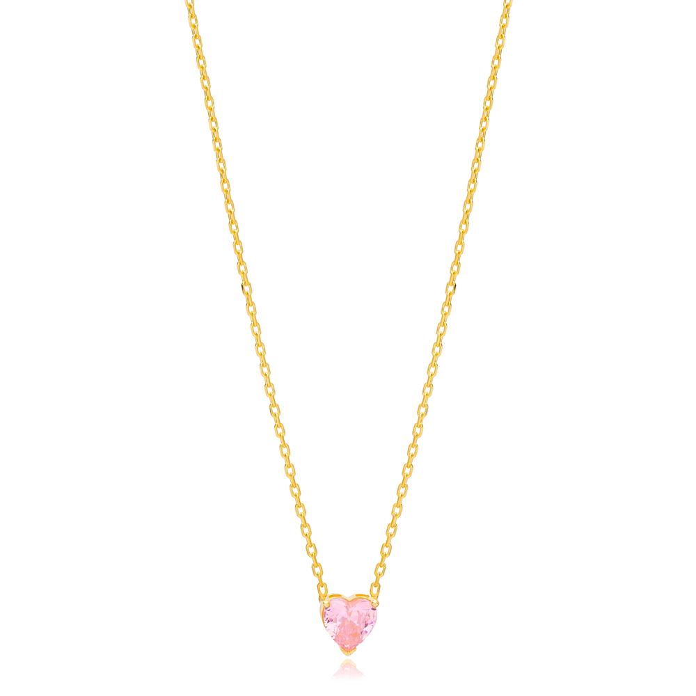 Heart Shape Pink Quartz Stone Charm Necklace Turkish Handcrafted 14K Gold Jewelry
