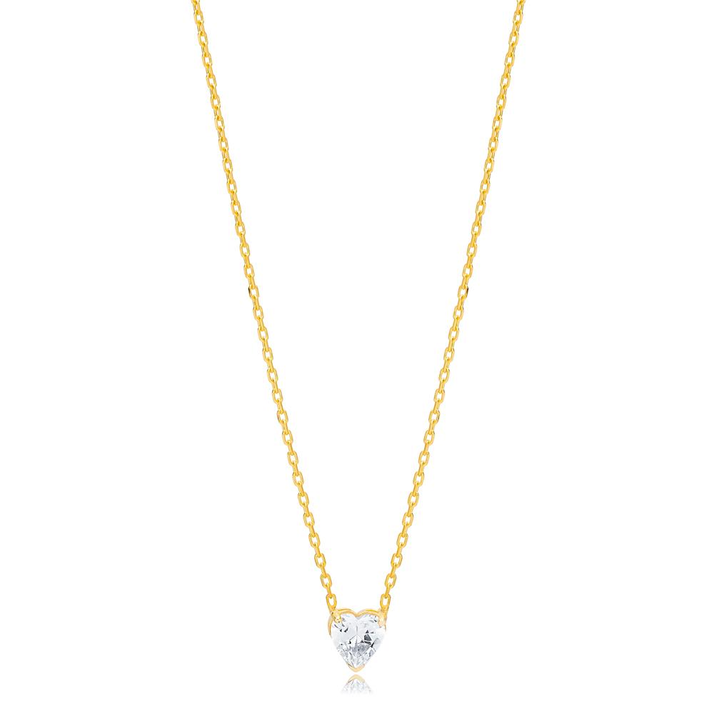 Heart Shape Clear Zircon Stone Charm Necklace Turkish Handcrafted 14K Gold Jewelry