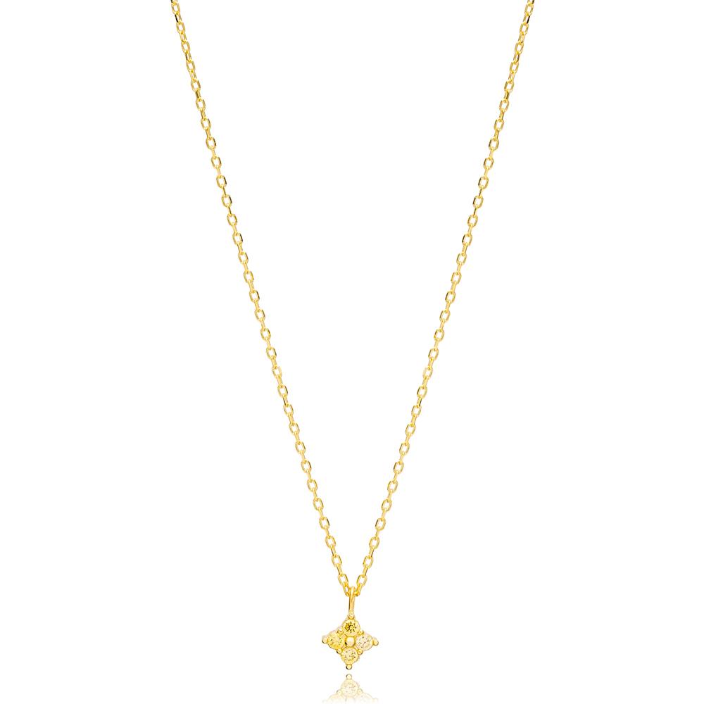 Minimalist Geometric Shape Citrine Stone Charm Necklace Turkish Handcrafted 14K Gold Jewelry