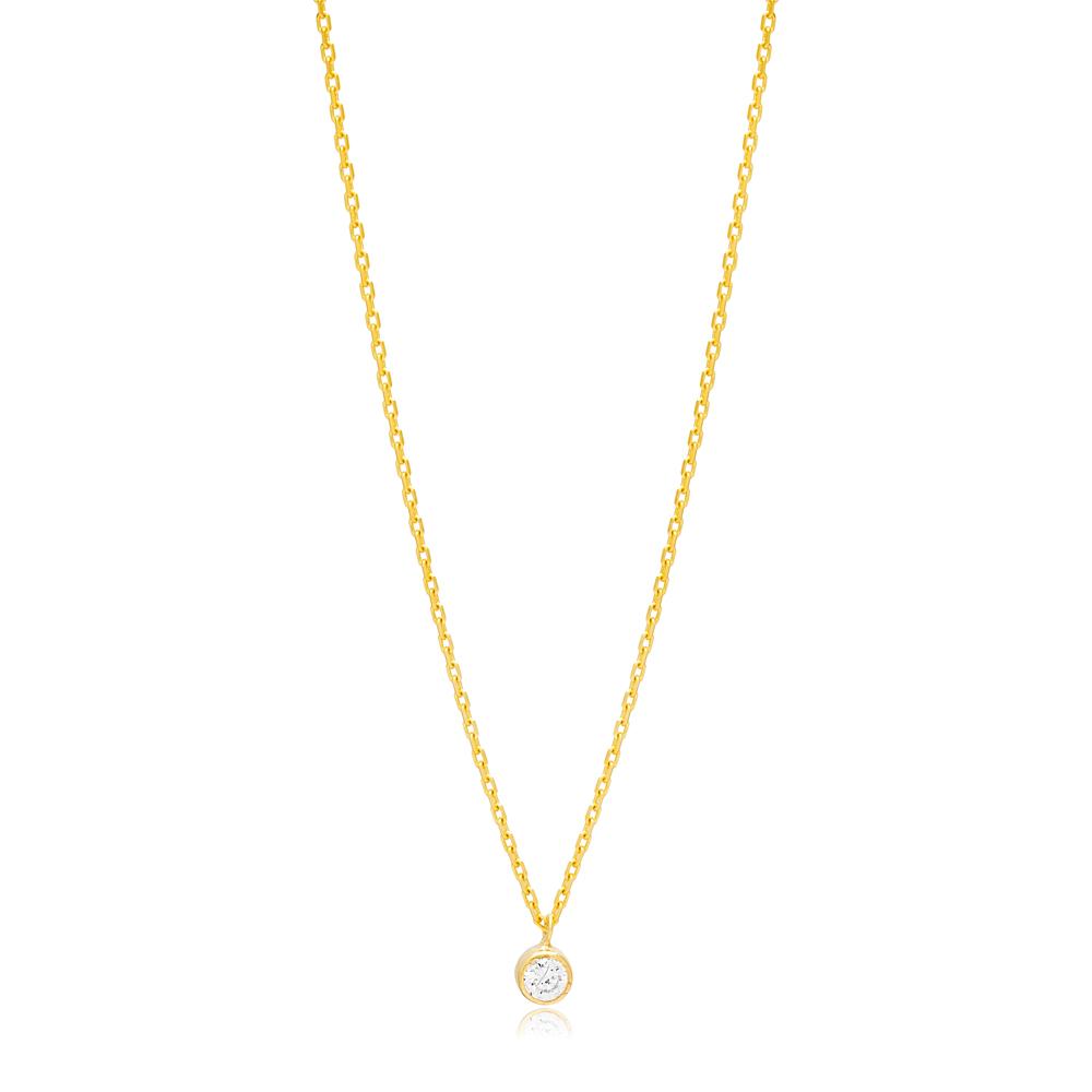 Round Shape Shiny Zircon Stone Charm Necklace Turkish Handcrafted 14K Gold Jewelry