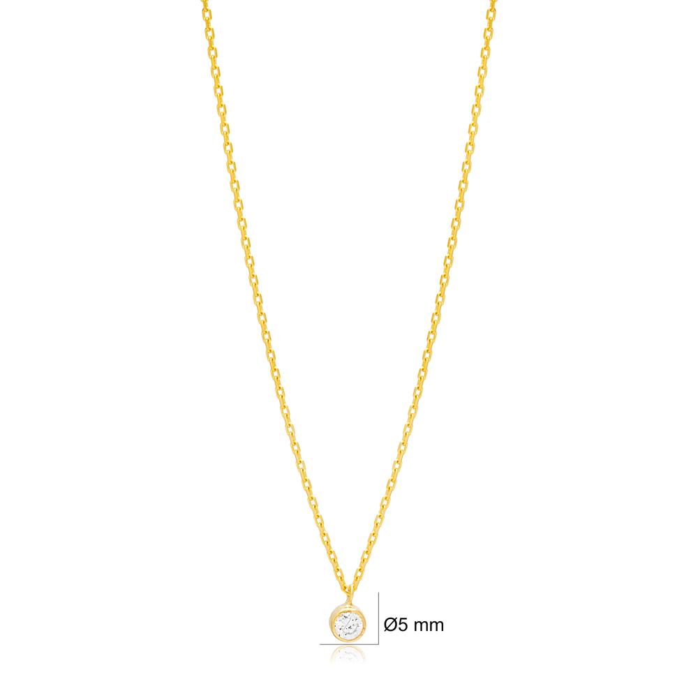 Round Shape Shiny Zircon Stone Charm Necklace Turkish Handcrafted 14K Gold Jewelry