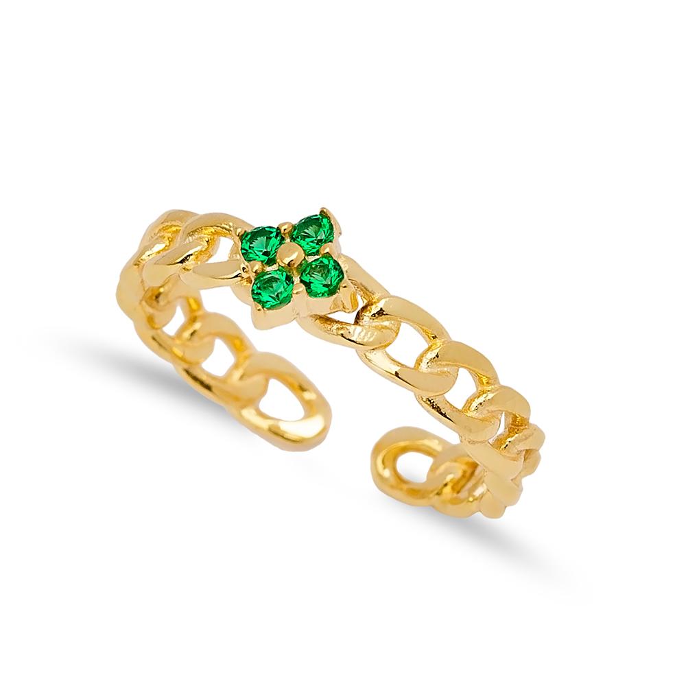 Tiny Flower Charm Emerald Zircon Stone Braid Design Adjustable Ring 14k Solid Gold Jewelry