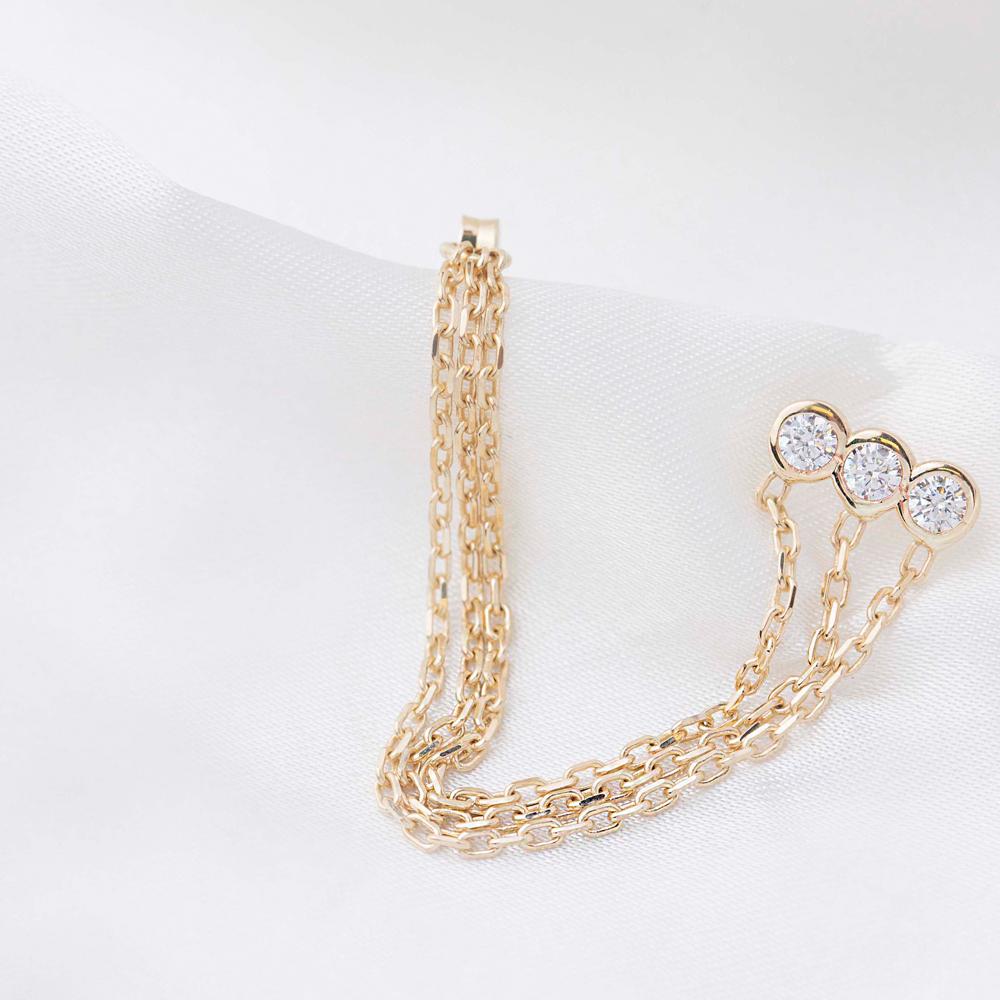 Triple Zircon Stone Chain Design Long Earrings 14k Gold Jewelry