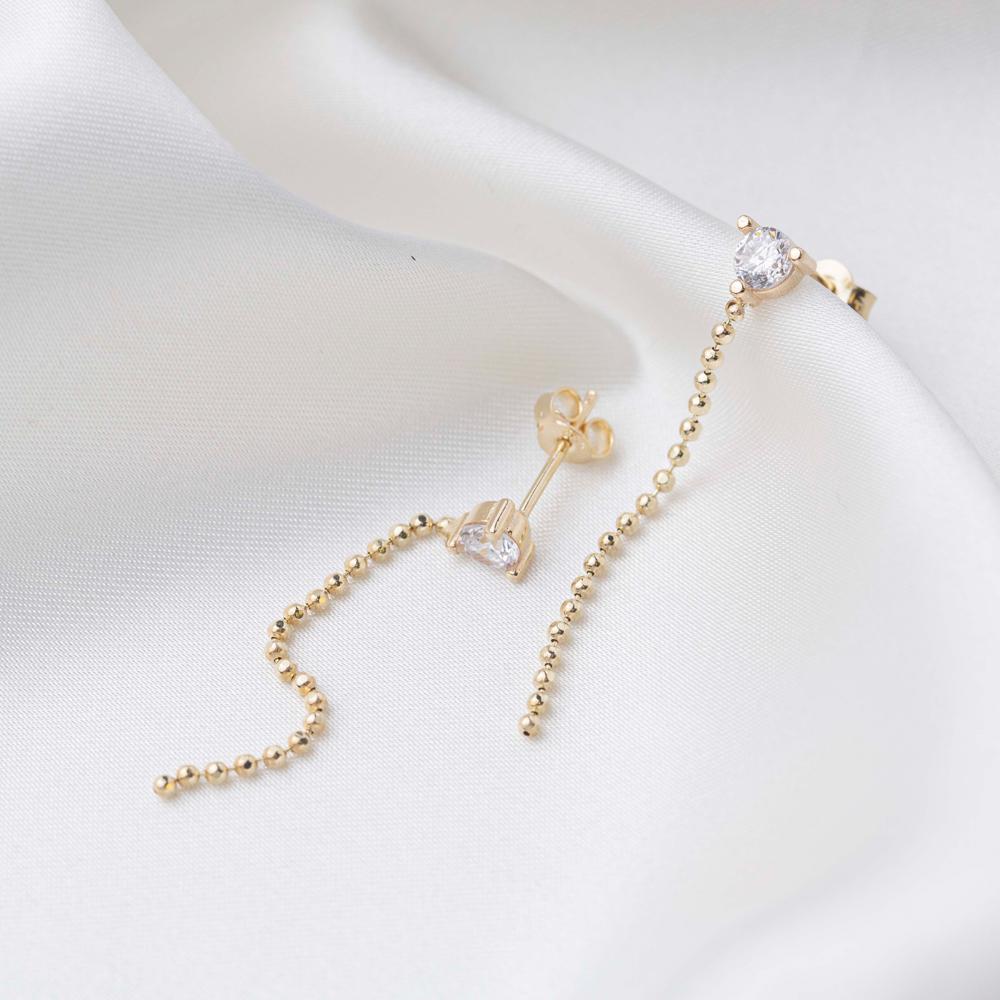 Round Cut Zircon Stone Chain Design Long Earrings 14k Gold Jewelry