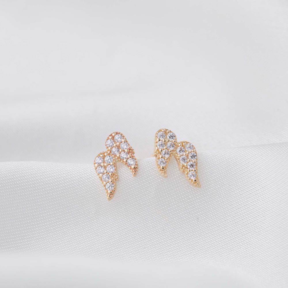 Wings Design Zircon Stone Stud Earrings 14k Gold Jewelry