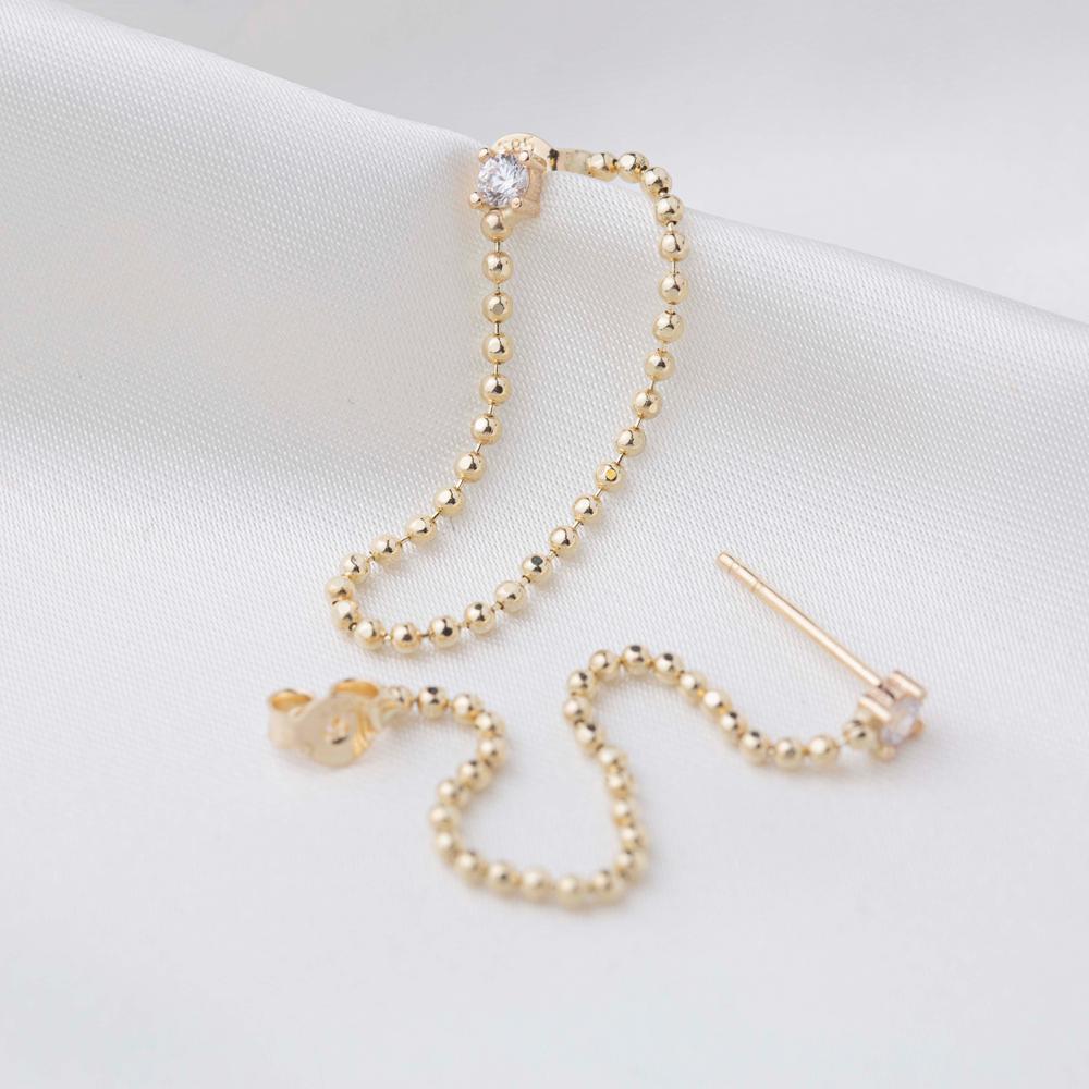 Ball Chain Design Zircon Stone Long Earrings 14k Gold Jewelry