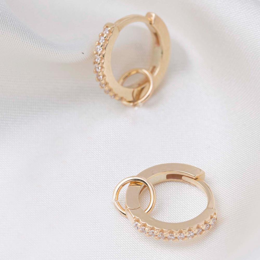 Shiny Zircon Stone Hoop Earrings 14k Gold Jewelry