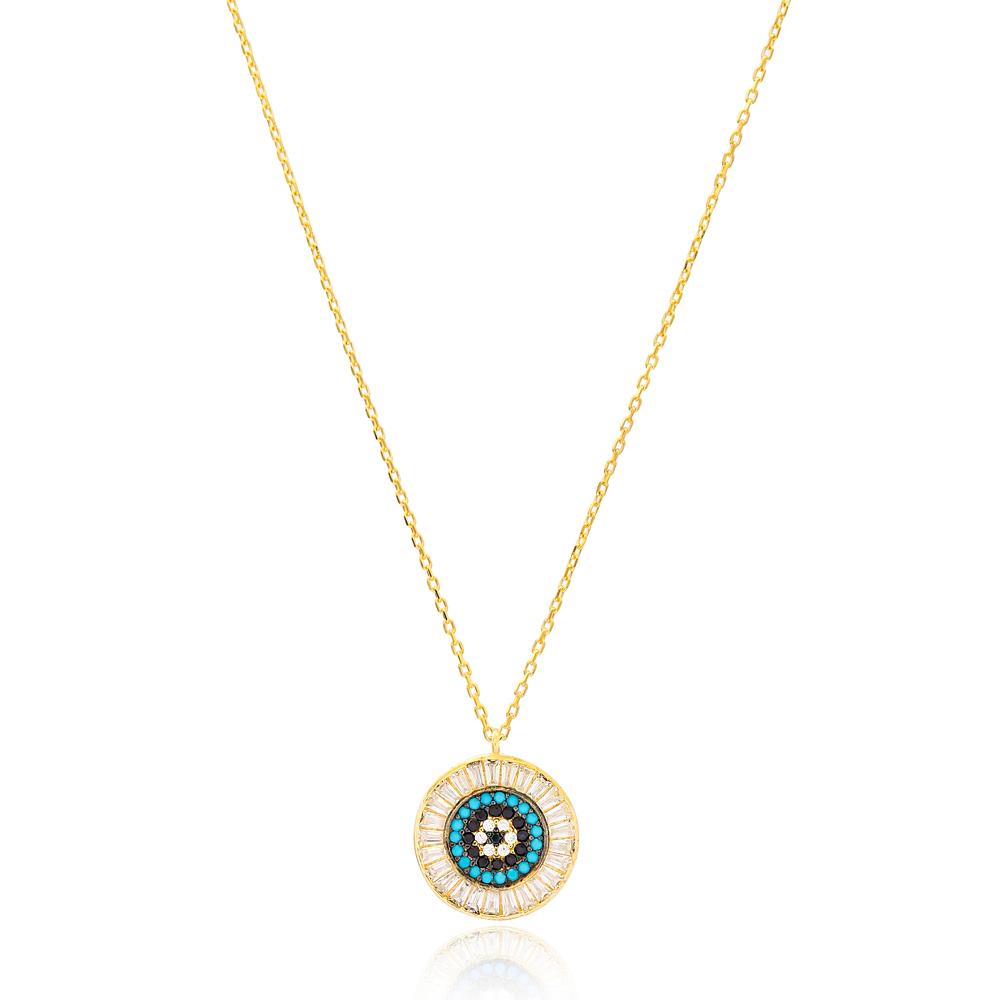 Evil Eye Design Charm Necklace Turkish Handcrafted 14K Gold Jewelry