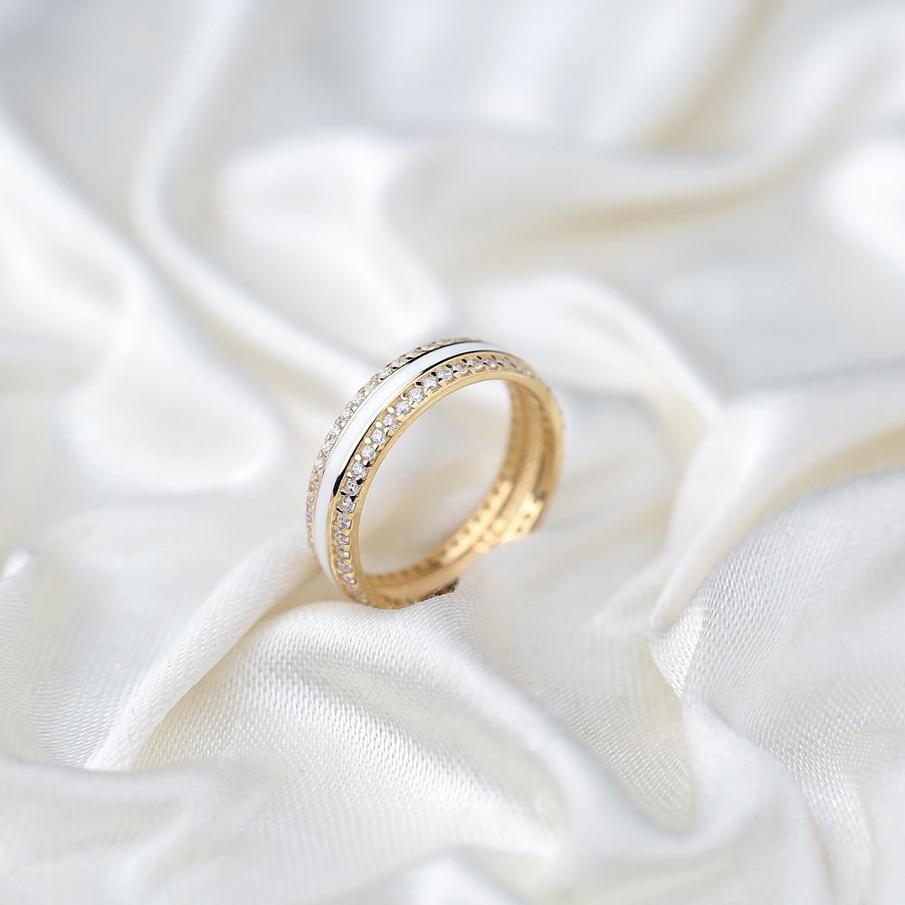 White Enamel Design Zircon Stone Band Ring Turkish Handmade 14k Solid Gold Jewelry