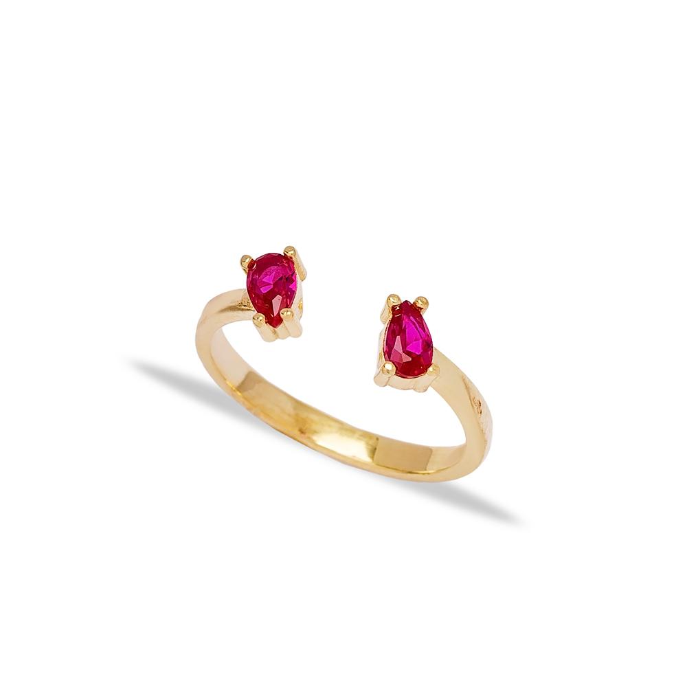 Pear Shape Double Ruby Stone Adjustable Ring 14k Gold Jewelry