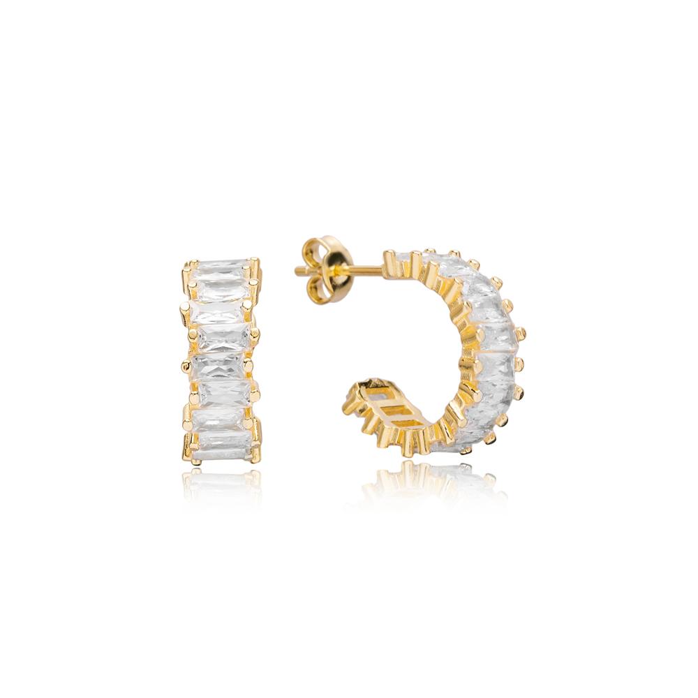 Elagant Baguette Zircon Stone Design Hoop Earrings Turkish 14K Gold Jewelry