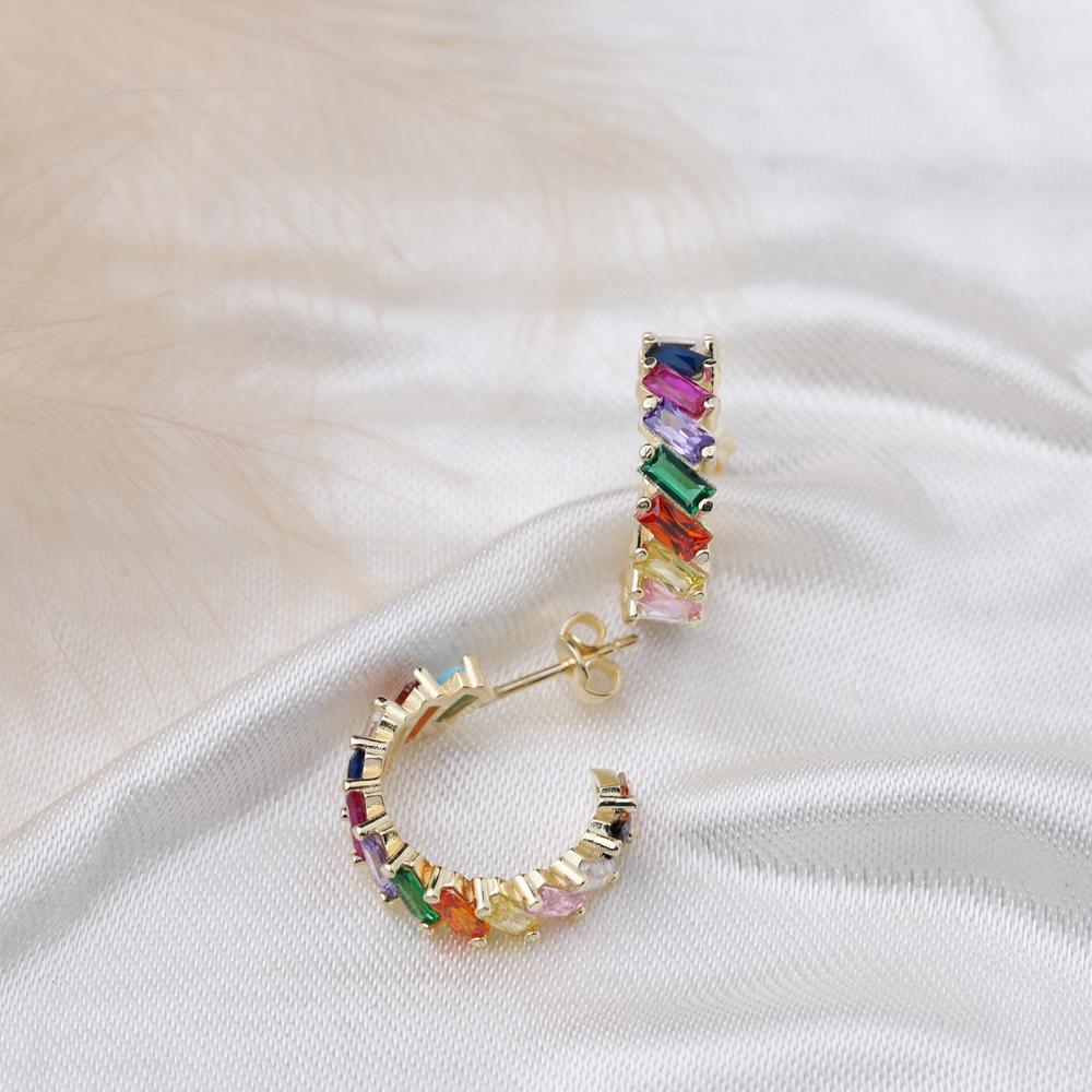 Baguette Mix Stone Design Hoop Earrings Turkish 14K Gold Jewelry