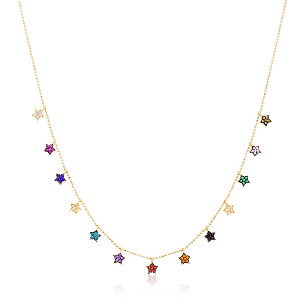 Colorful Stone Star Charm Shaker Necklace Wholesale Turkish Handcrafted 14K Gold Jewelry