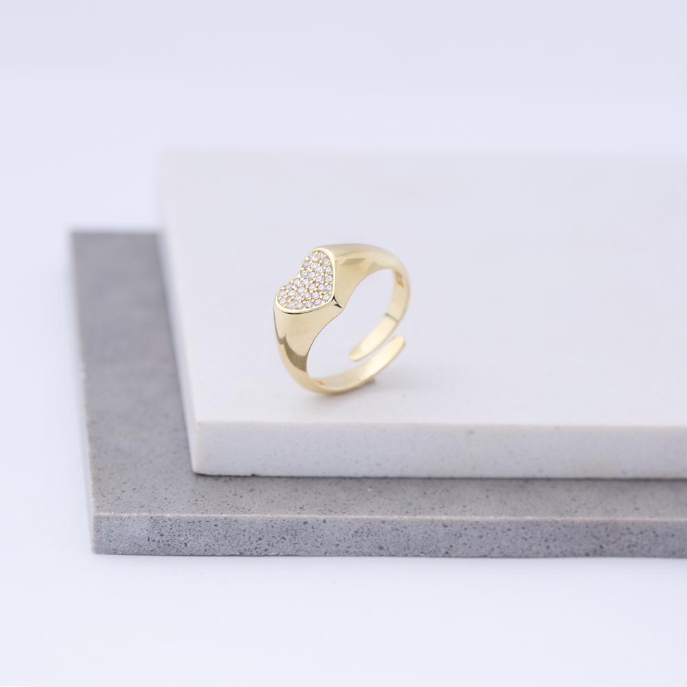 Heart Design Zircon Stone Adjustable Ring 14k Solid Gold Jewelry