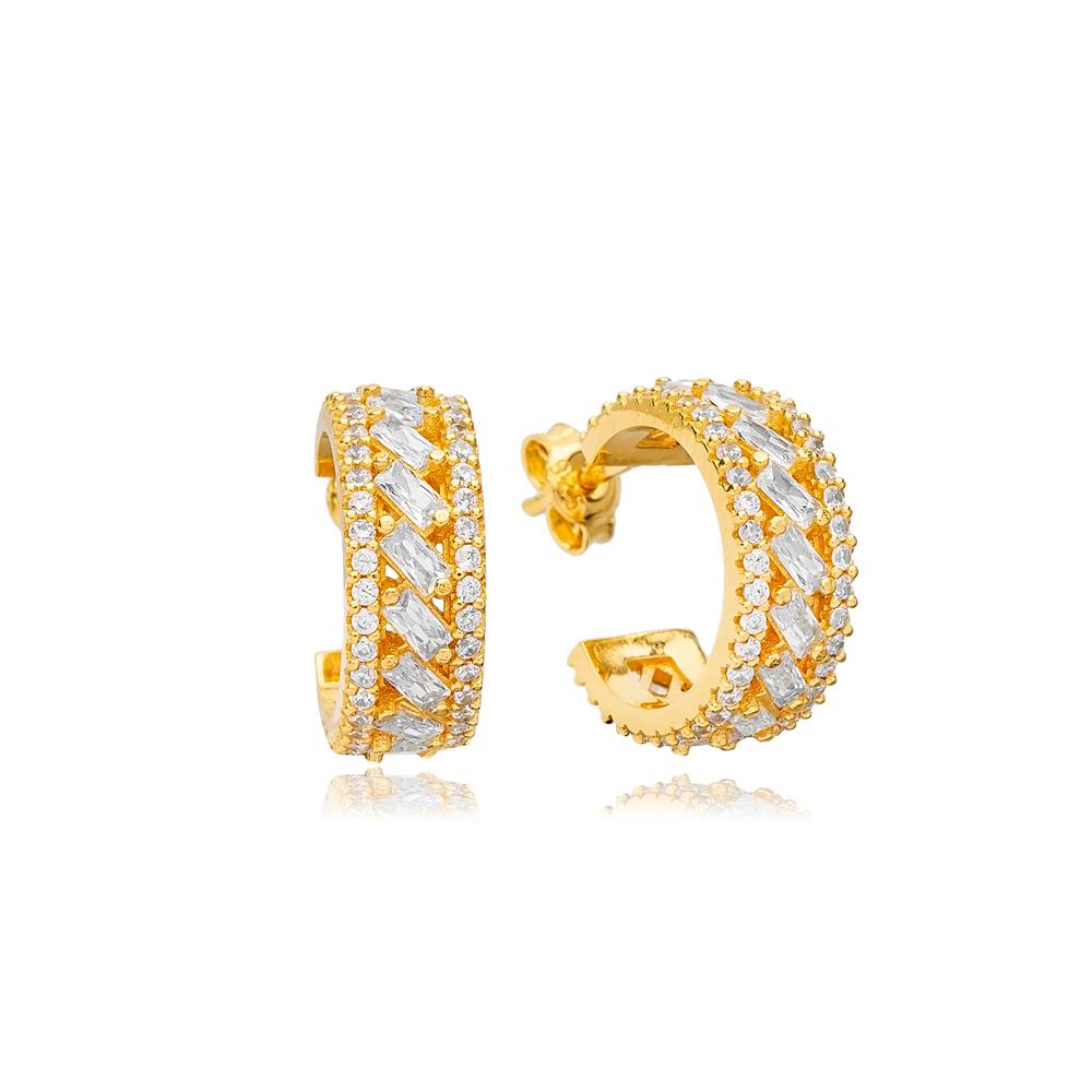 Baguette Zircon Stone Hoop Earrings Wholesale Turkish Handmade 14k Gold Jewelry