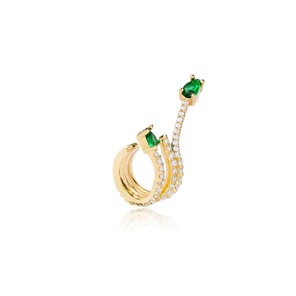 Pear Cut Emerald Stone Cartilage Single Earring Turkish 14K Gold Jewelry