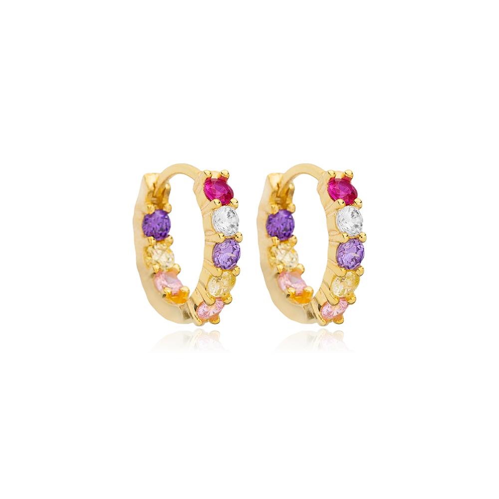 Round Shape Mix Stone Hoop Earrings 14k Gold Jewelry