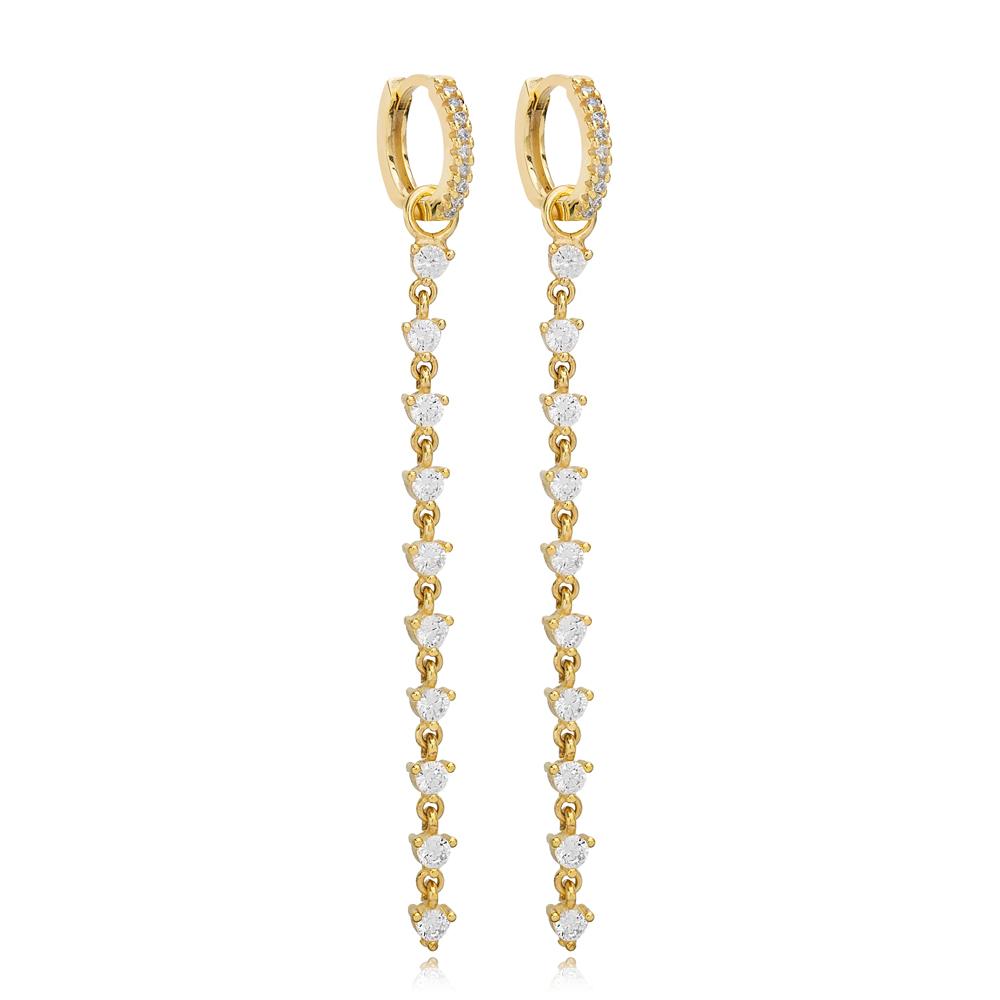 Dainty Zircon Stone Long Dangle Earrings 14k Gold Jewelry