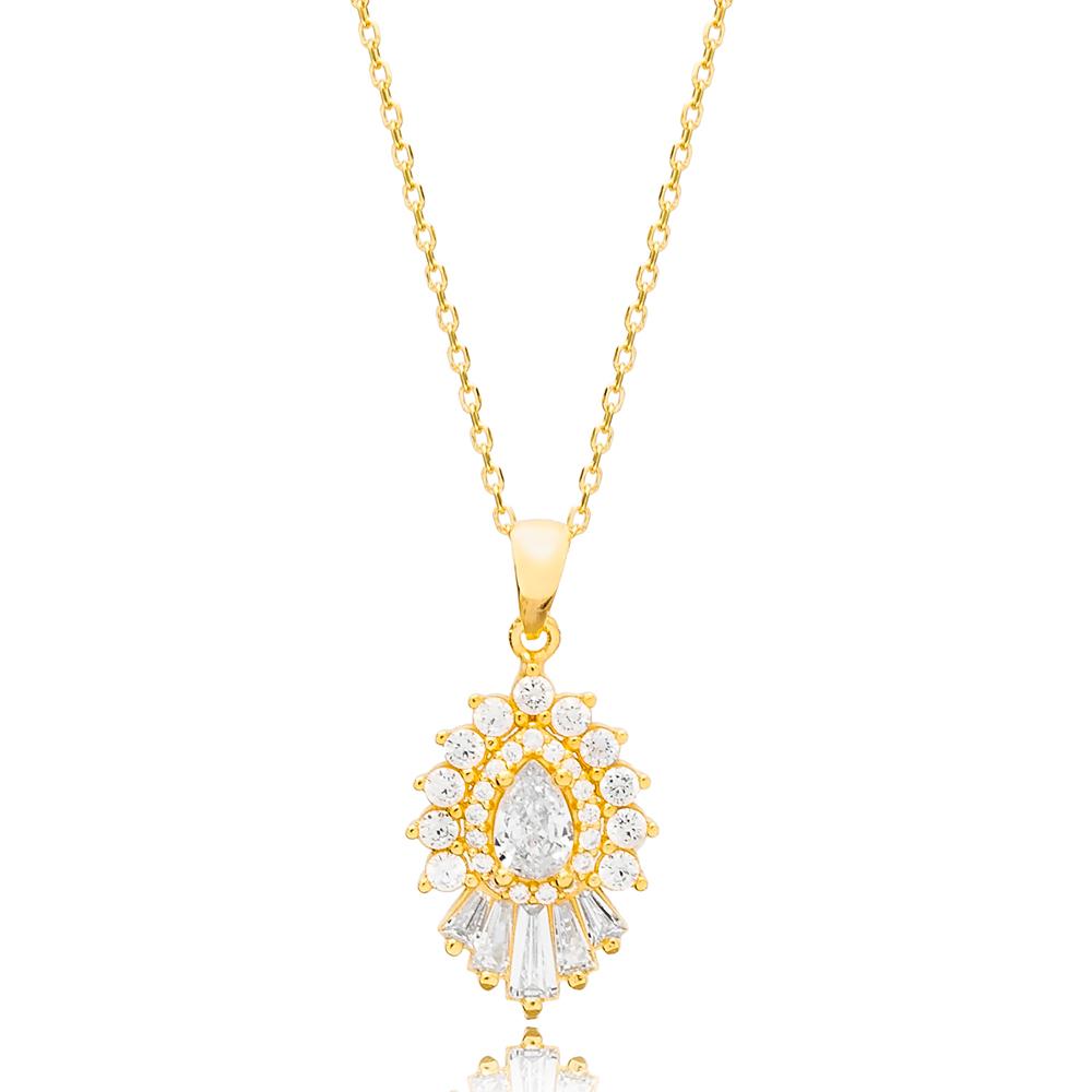 Elegant Shiny Zircon Stone Charm Necklace Turkish Handcrafted 14K Gold Jewelry