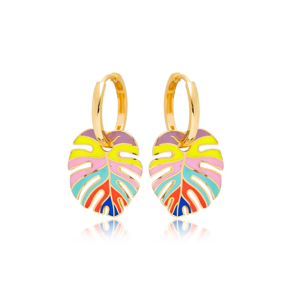 Mix Color Enamel Design Leaf Shape Dangle Earrings 14k Gold Jewelry