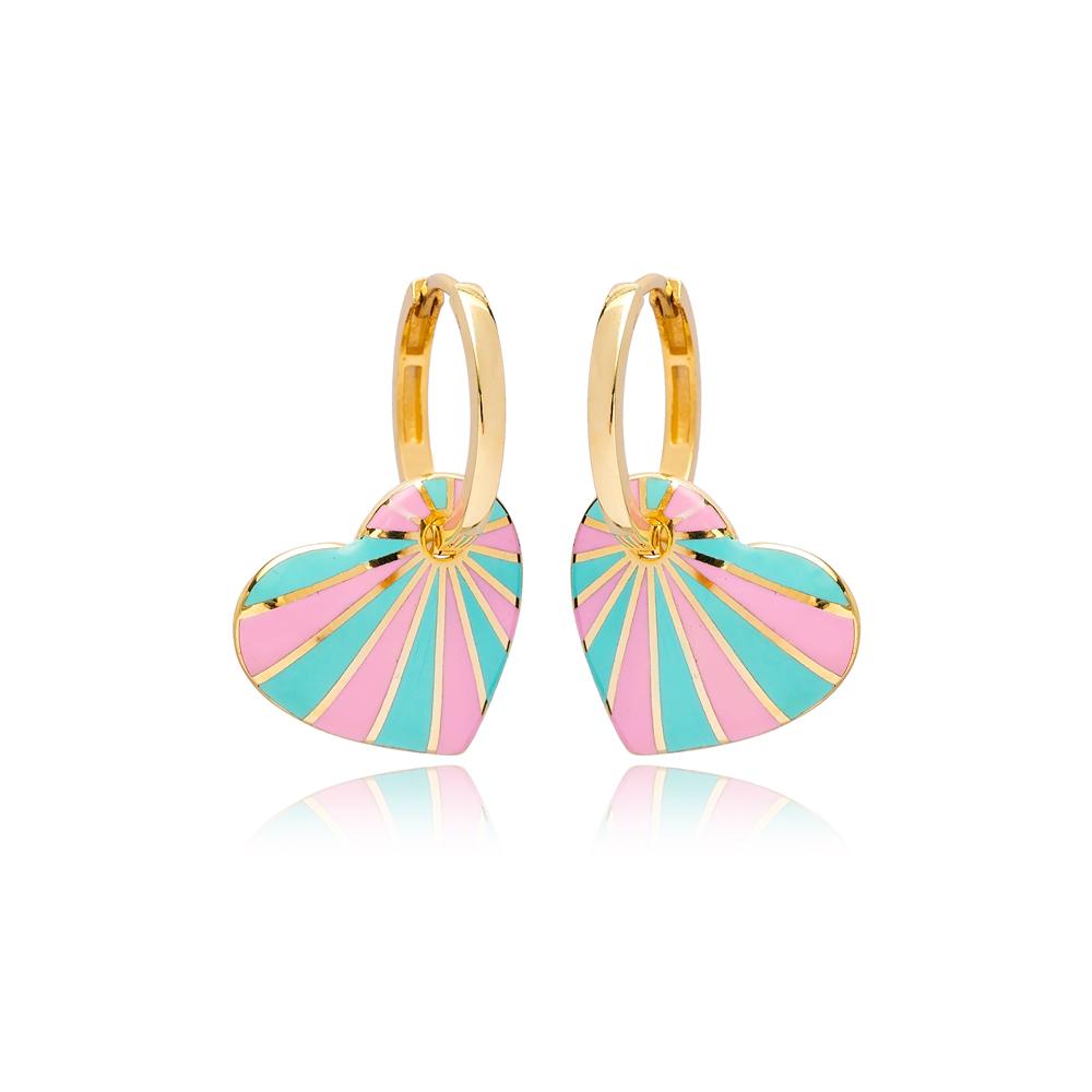 Heart Shape Turquoise with Pink Colors Dangle Earrings 14k Gold Jewelry