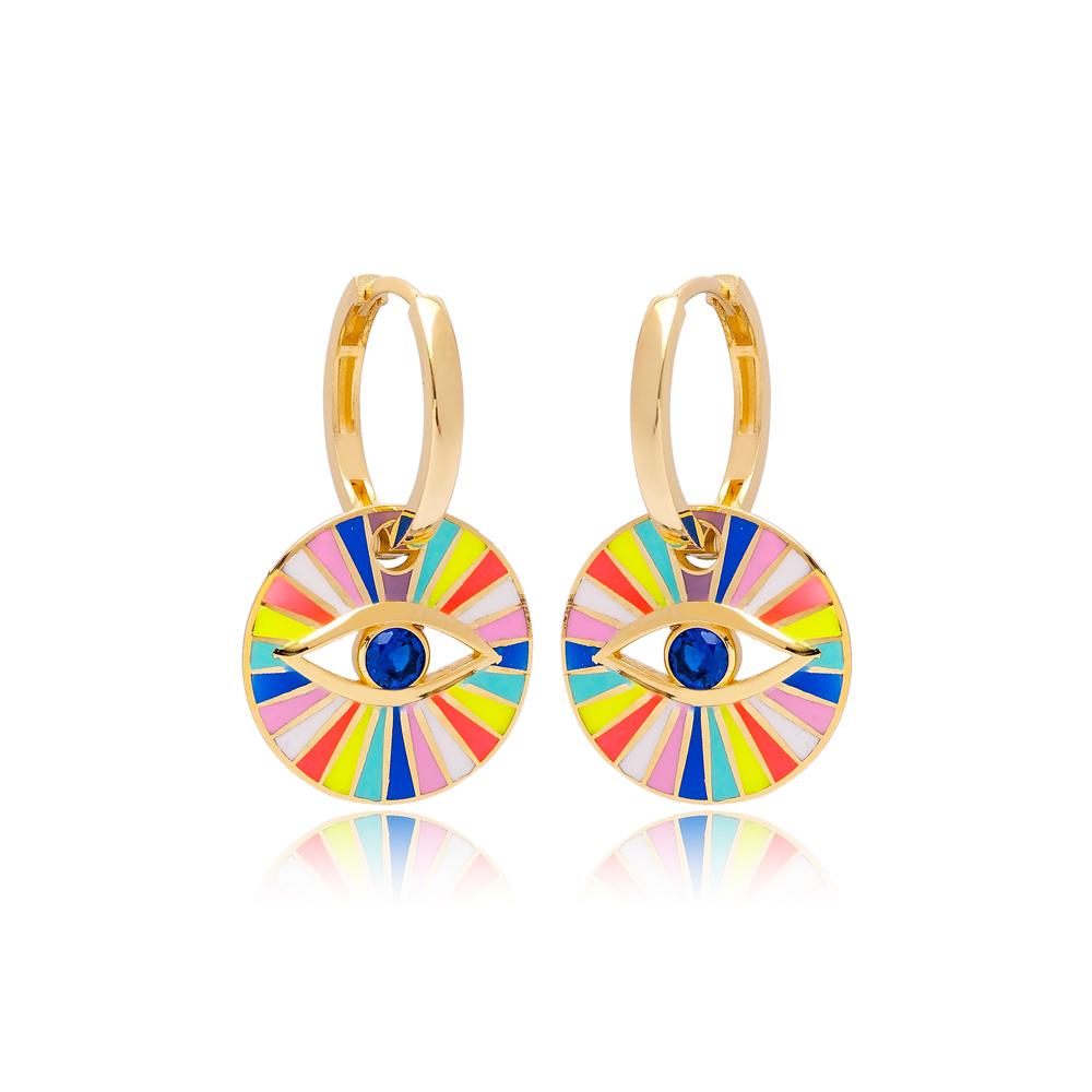 Evil Eye Design Mix Colors Enamel Dangle Earrings 14k Gold Jewelry