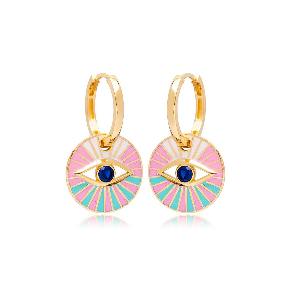 Evil Eye Design Pink with Turquoise Colors Enamel Dangle Earrings 14k Gold Jewelry