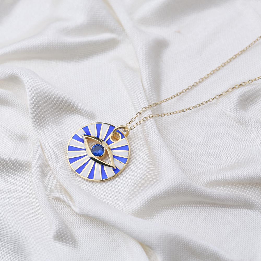 Evil Eye Design Sapphire Stone Charm Necklace Turkish Handcrafted 14K Gold Jewelry