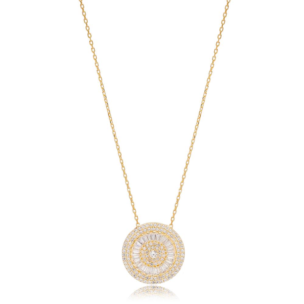 Elegant Round Shape Zircon Stone Charm Necklace Turkish Handcrafted 14K Gold Jewelry
