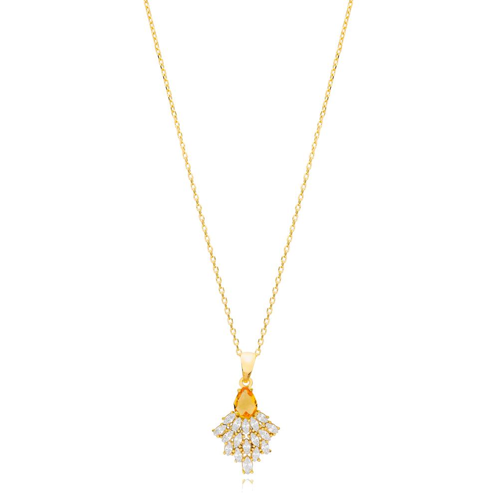 Pear Citrine with Marquise Zircon Stone Charm Necklace Turkish Handcrafted 14K Gold Jewelry