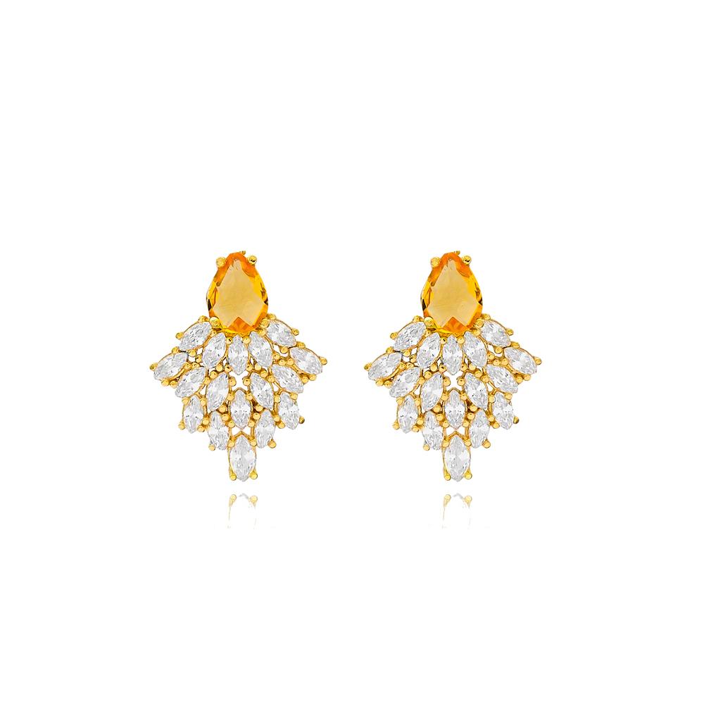 Pear Cut Citrine with Marquise Cut Zircon Stone Stud Earrings 14k Gold Jewelry
