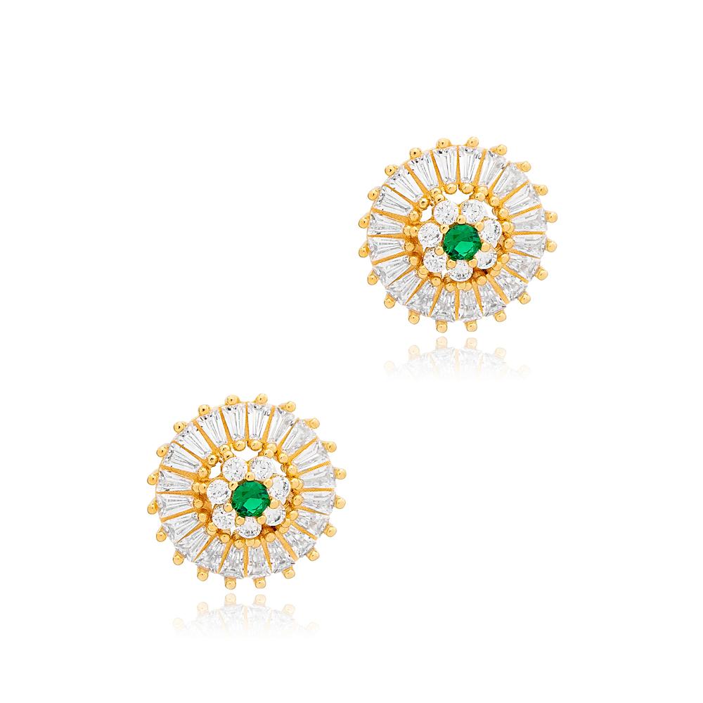 Emerald with Zircon Stone Round Shape Stud Earrings 14k Gold Jewelry