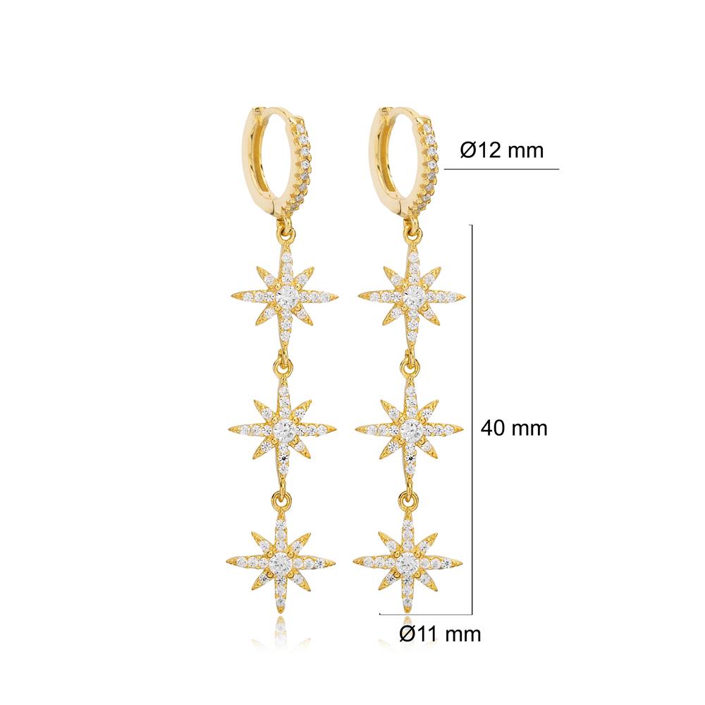 Triple Flower Design Zircon Stone Long Dangle Earrings 14k Gold Jewelry