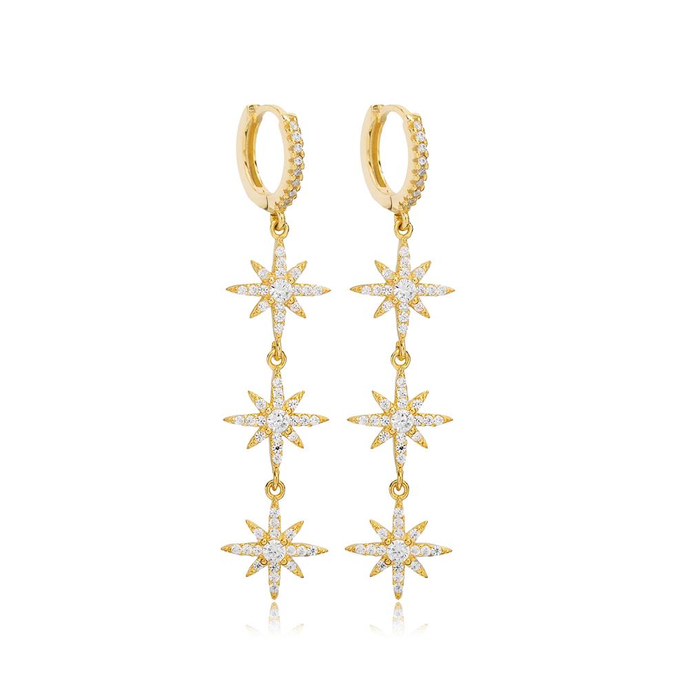 Triple Flower Design Zircon Stone Long Dangle Earrings 14k Gold Jewelry