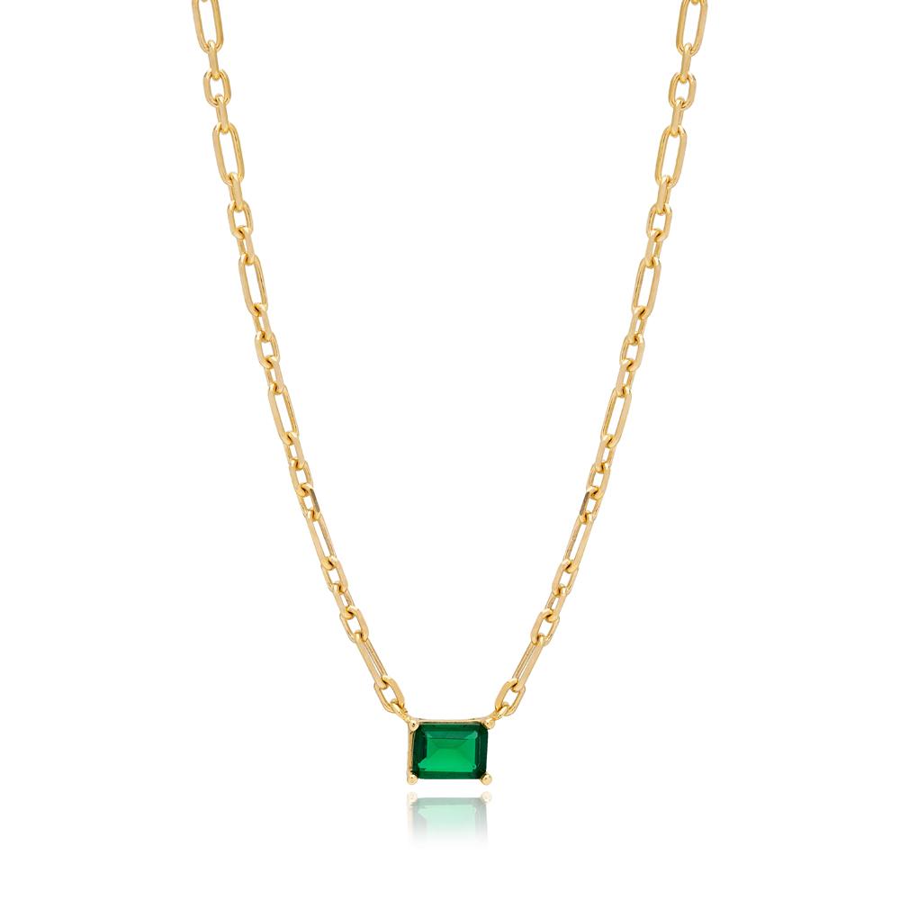 Square Shape Emerald Stone Charm Necklace Turkish Handcrafted 14K Gold Jewelry