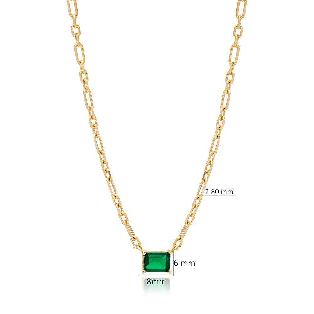 Square Shape Emerald Stone Charm Necklace Turkish Handcrafted 14K Gold Jewelry