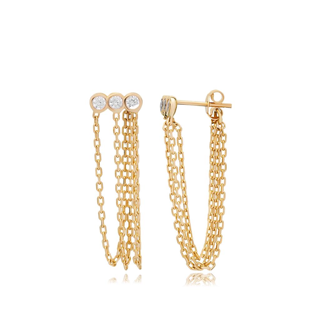 Triple Zircon Stone Chain Design Long Earrings 14k Gold Jewelry